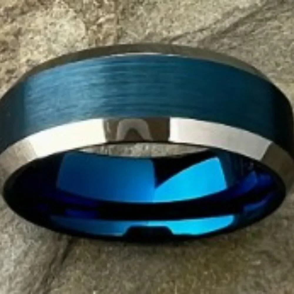 Men'S Tungsten Steel Ring With Blue Sand Finish And White Edge Size 10